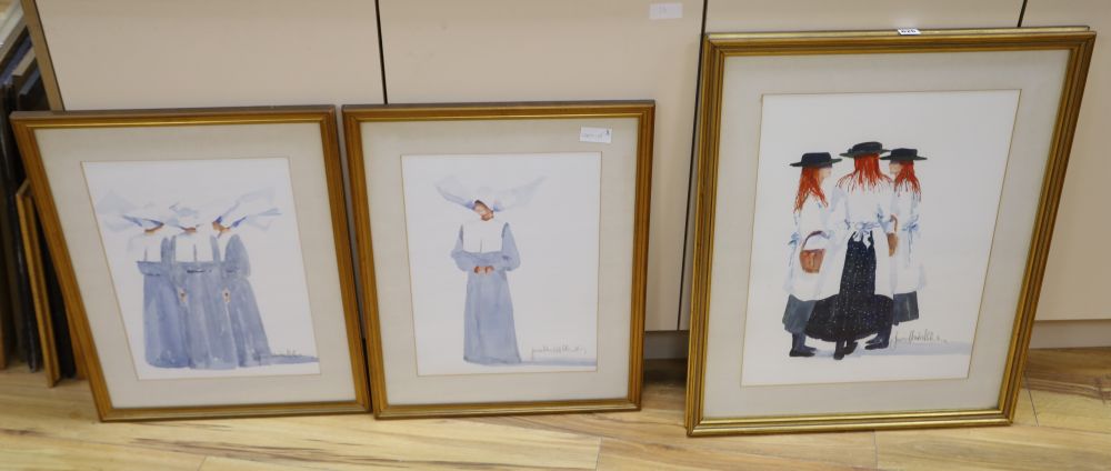 Judith Caulfield Walshe, three watercolours, Breton Nuns and Market girls, signed, largest 55 x 42cm